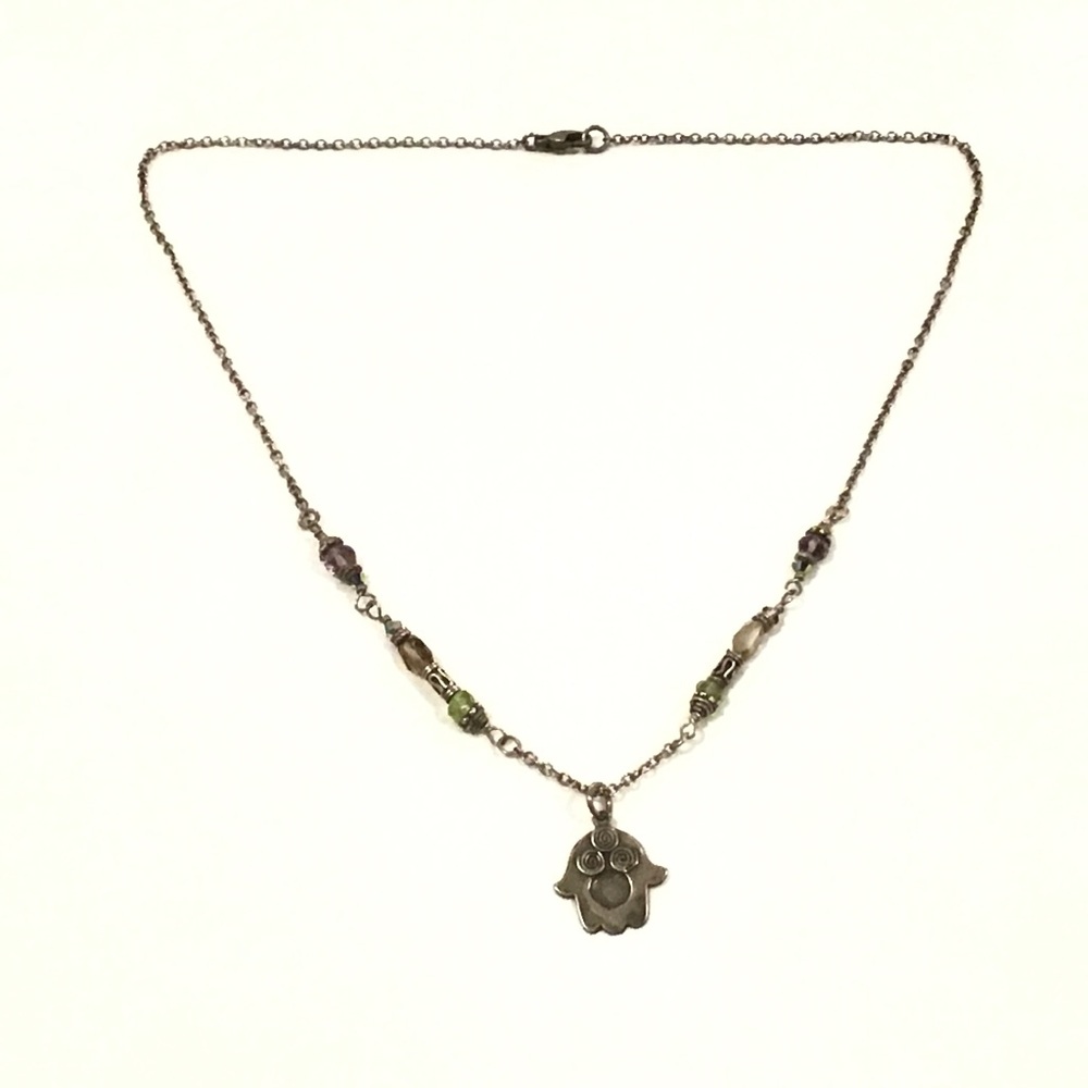 Sterling Silver Hamsa Hand Smoky Quartz & Peridot Beaded Chain Necklace 17 1/2"L